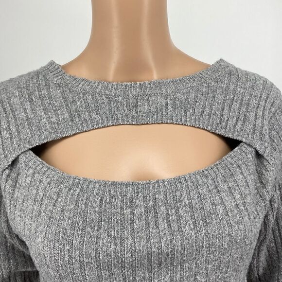 Pink Rose Ribbed Cutout Grey Top Size L - Picture 3 of 7